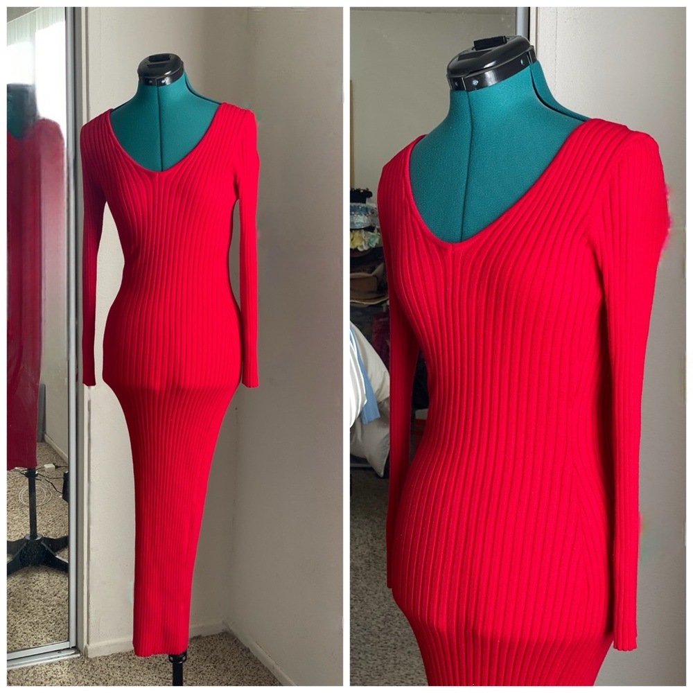 Hera Collection Vibrant Red Bodycon Ribbed Knit Dress Size M